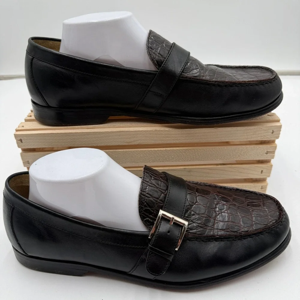 Johnston & Murphy Loafers Monk Strap Crocodile Embossed Black Brown Mens 10W